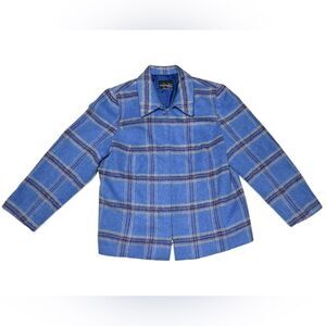 Vintage Wool Blend Requirements Woman Blue Plaid Zip Up Jacket Lightweight Coat